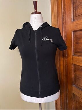 Guess Black Short-Sleeve Zip-Up Hoodie with Script Logo